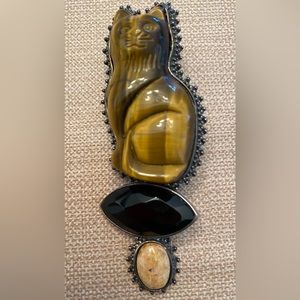 AKR Amy Kahn Russell Cat Tiger Eye Sterling Silver Large Pendant Pin Brooch